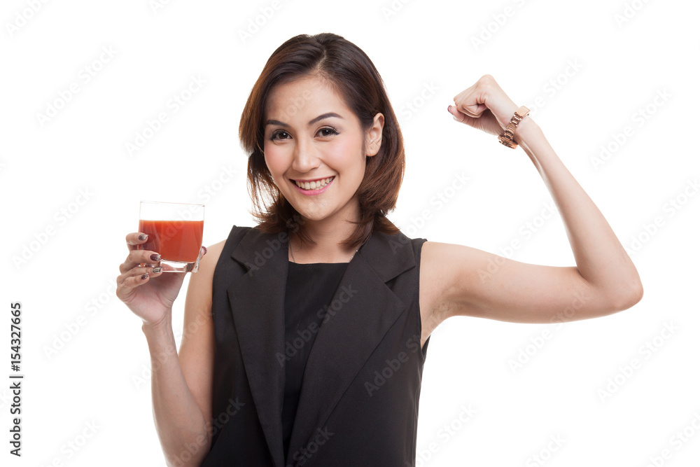 Strong healthy Asian woman with tomato juice. Strong healthy Asian woman with tomato juice.