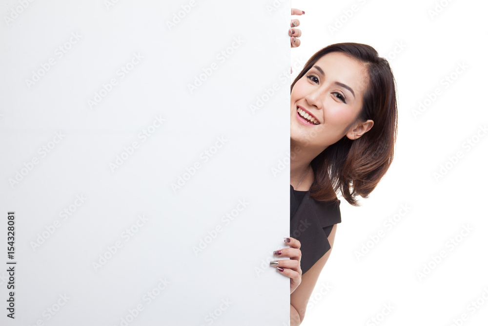 Young Asian woman with blank sign.