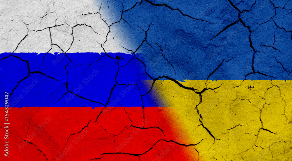 Flag of Russia and Ukraine, with cracked background texture