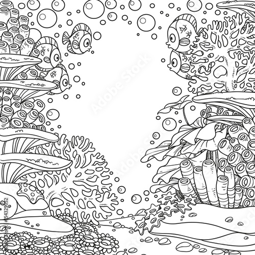 Underwater world with corals and fishes outlined isolated on white background