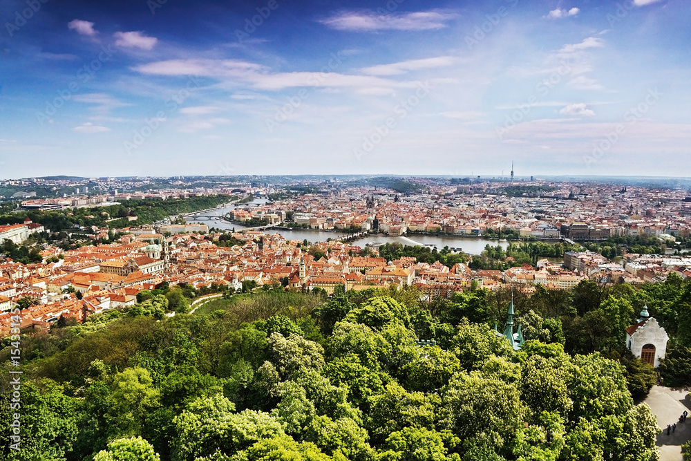 view to Vltava river and Charles bridge from Petrinska rozhledna tower in sping Prague in Czech republic