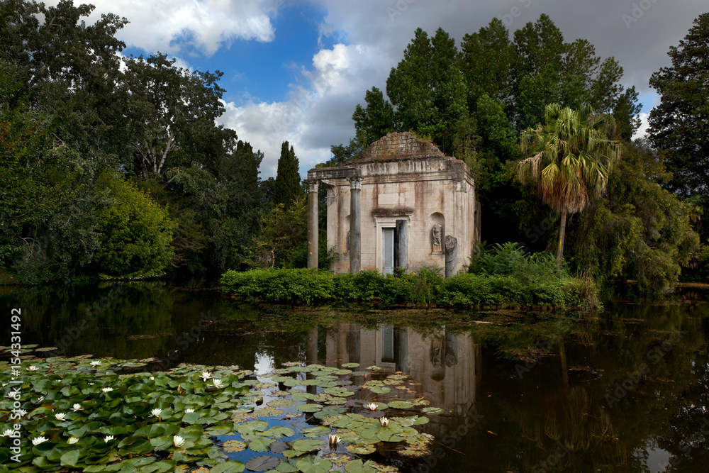 The Doric temple and the lilly pond in the gardens of the Royal Palace of Caserta