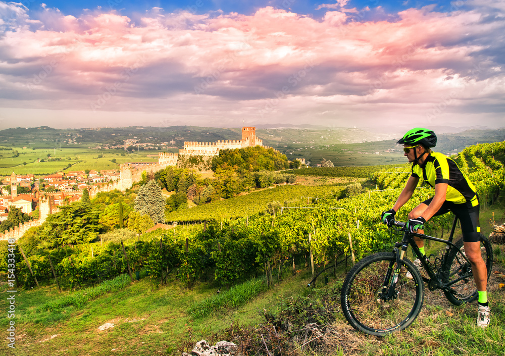 Fototapeta premium Cyclist admires the Soave castle views.