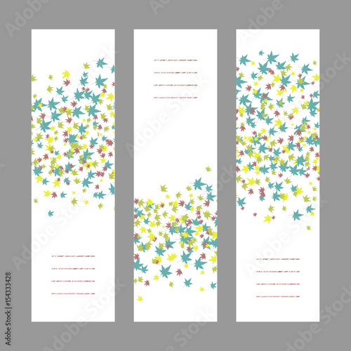Colorful autumn concept. Vertical banner set. Frame for text. Copy space. Simple postcards. Background of fallen leaves. Maple leaves.