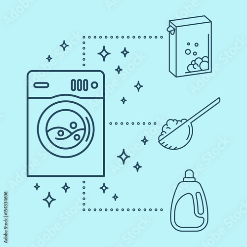 Laundry icons. Washing machine with washing powder, bleach or conditioner.