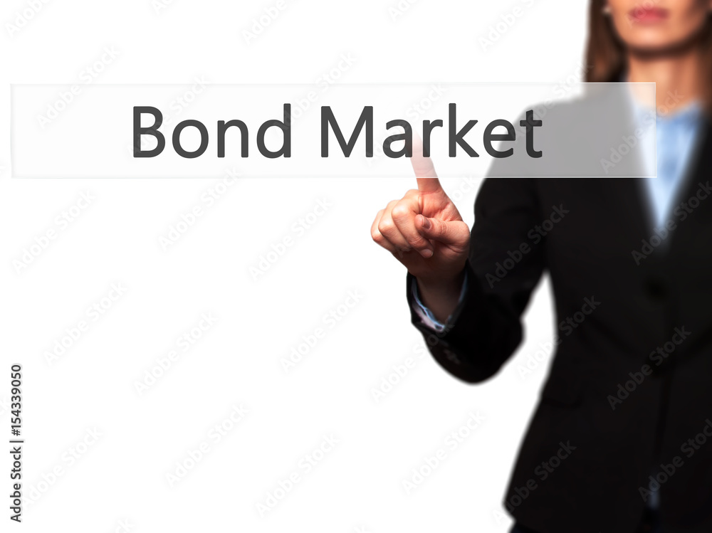 Bond Market - Young girl working with virtual screen an touching button. Bond Market - Young girl working with virtual screen an touching button.