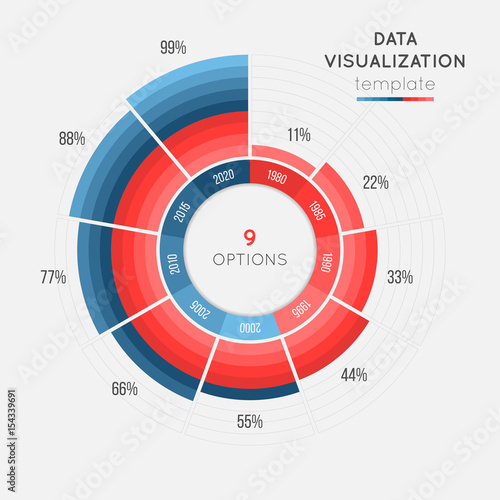 Vector circle chart infographic template for data visualization with 9 parts.