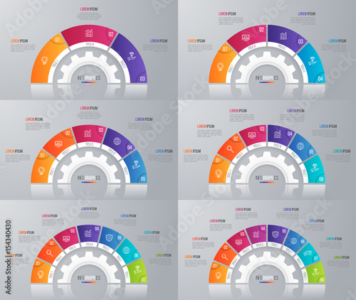 Collection of vector circle chart templates for infographics with 3-8 options.