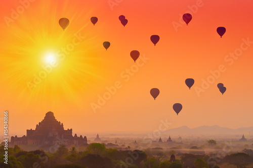 Myanmar. Bagan. Sunrise balloons. Beams