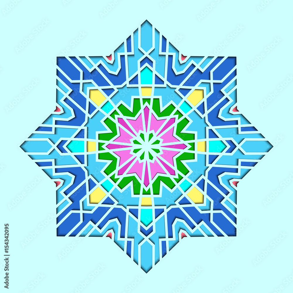 Arabesque pattern, vignette in eastern style, orient stained-glass. Design for Eid Mubarak, decorative tile of mosque 3d