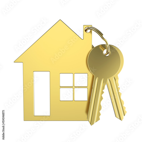3D illustration gold key with keychain in the form of a small house