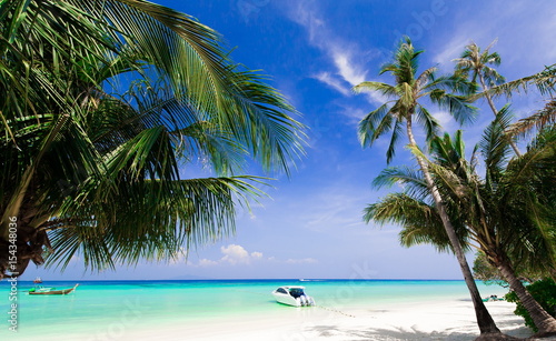 Thailand. Sea background. Palms, white sand, yacht