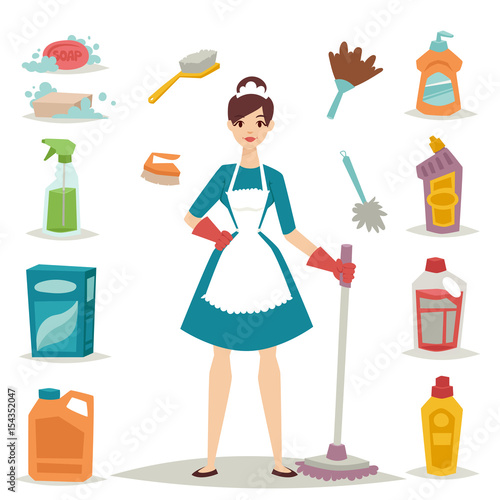 Housewife girl homemaker cleaning pretty girl wash cleanser chemical housework product equipment vector.