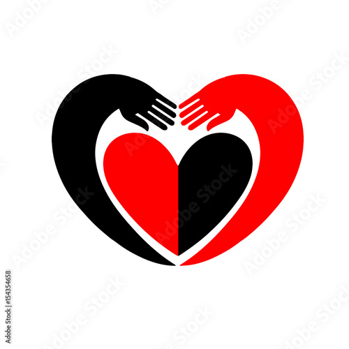 Hands embracing a heart. Original icon with black and red design.
