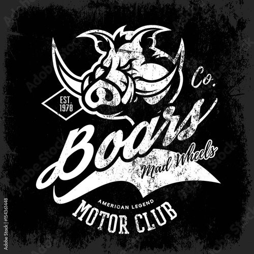 Vintage American furious boar bikers club tee print vector design isolated on black background. Premium quality wild pig animal superior logo concept illustration.
