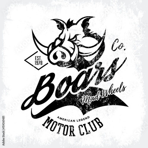 Vintage American furious boar bikers club tee print vector design isolated on white background. Premium quality wild pig animal superior logo concept illustration.