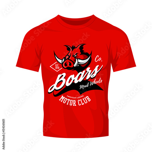Vintage American furious boar bikers club tee print vector design isolated on red t-shirt mockup.  Premium quality wild pig animal superior logo concept illustration.