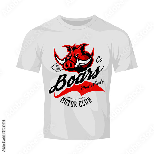 Vintage American furious boar bikers club tee print vector design isolated on white t-shirt mockup.  Premium quality wild pig animal superior logo concept illustration.