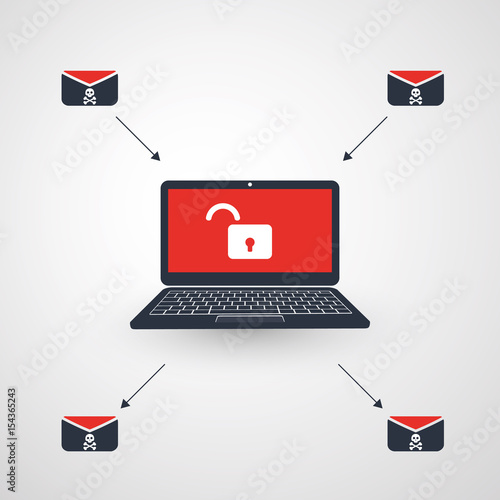 Laptop, Padlock and Envelope - Malware Infection by E-mail - Virus, Backdoor, Ransomware, Fraud, Spam, Phishing, Email Scam, Hacker Attack - IT Security Concept Design, Vector illustration