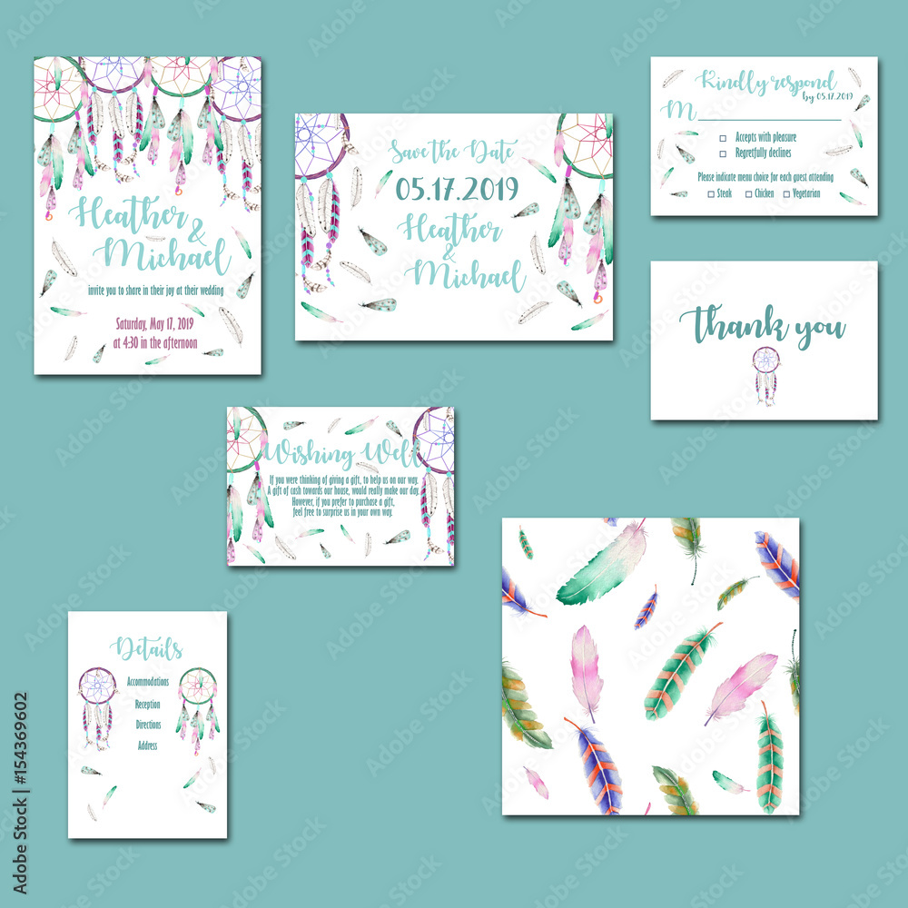 Template cards set with watercolor dream catchers; wedding design for invitation, Save the date card, RSVP, Thank you card, Wishing Well card,  for anniversary day
