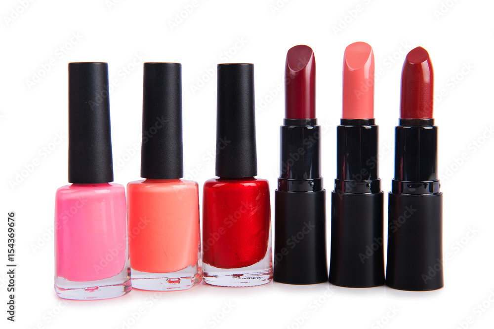 Colorful set of lipstick and nail polish isolated on white Colorful set of lipstick and nail polish isolated on white
