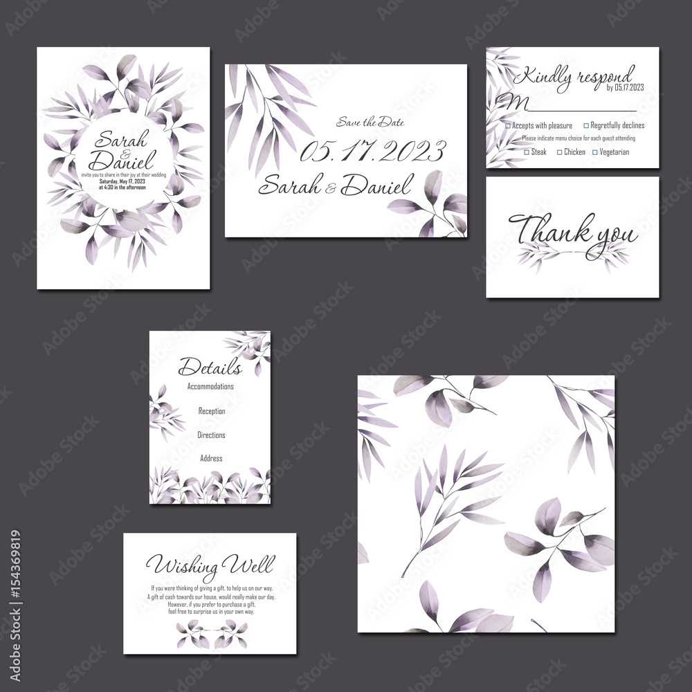Template cards set with watercolor purple branches; wedding design for invitation, Save the date card, RSVP, Thank you card, Wishing Well card,  for anniversary day