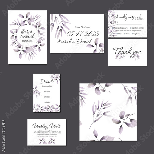 Template cards set with watercolor purple branches; wedding design for invitation, Save the date card, RSVP, Thank you card, Wishing Well card, for anniversary day