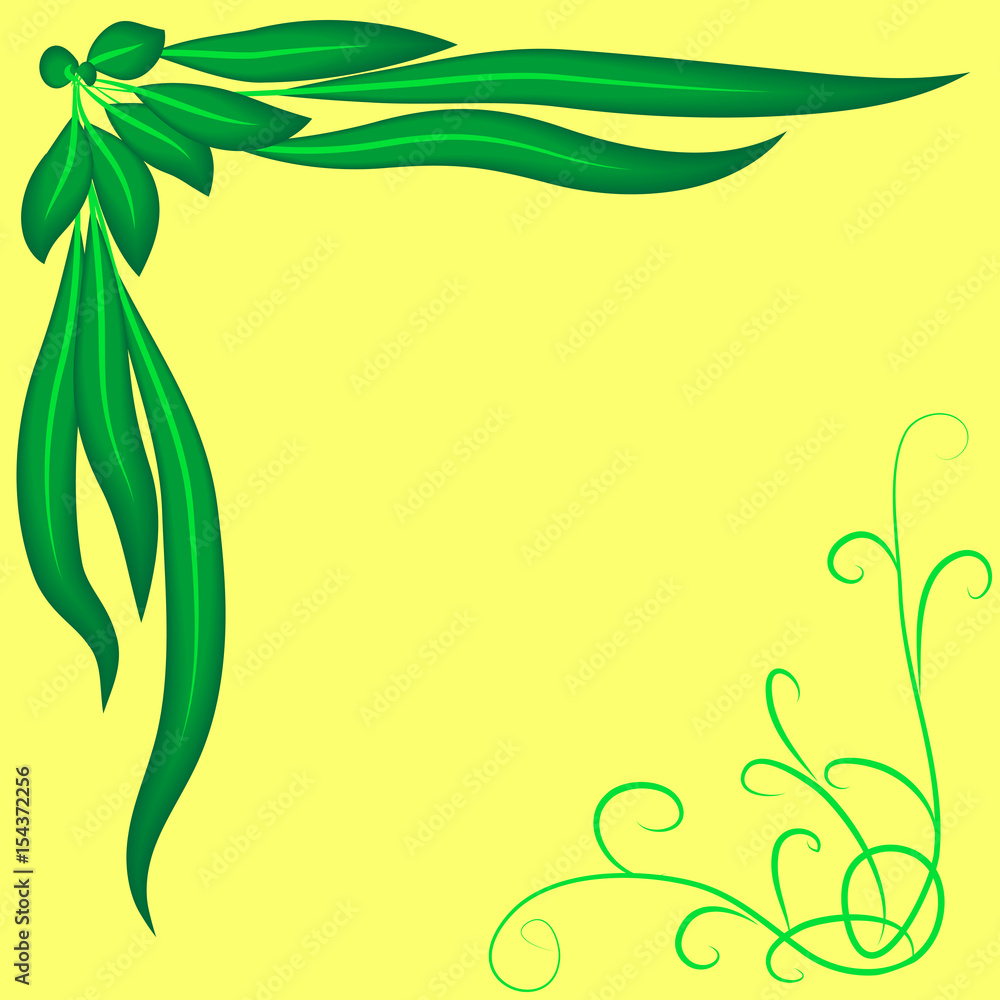 Frame of bright green leaves and curls on a yellow background, Frame of bright green leaves and curls on a yellow background,