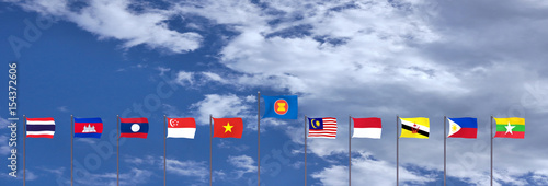 3D rendering of asean country's flags on sky photo