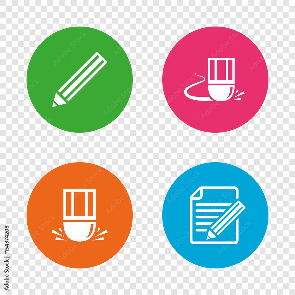 Pencil icon. Edit document file. Eraser sign. Pencil icon. Edit document file. Eraser sign.