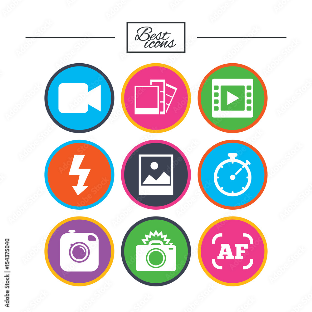 Photo, video icons. Camera, photos and frame. Photo, video icons. Camera, photos and frame.