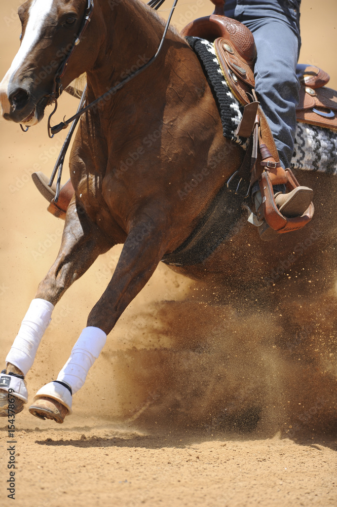 Obraz premium The front view of a rider in cowboy chaps and boots sliding the horse in the sand