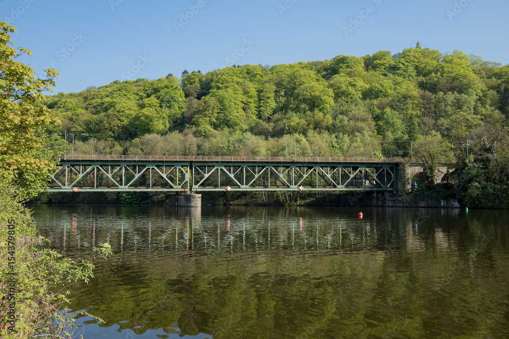 Railway Bridge Steel Over The River Ruhr In Essen Kettwig / Kettwiger See