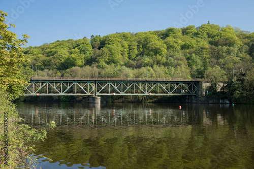 Railway Bridge Steel Over The River Ruhr In Essen Kettwig / Kettwiger See