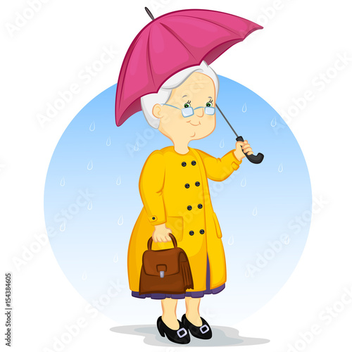 an elderly woman in a raincoat with an umbrella