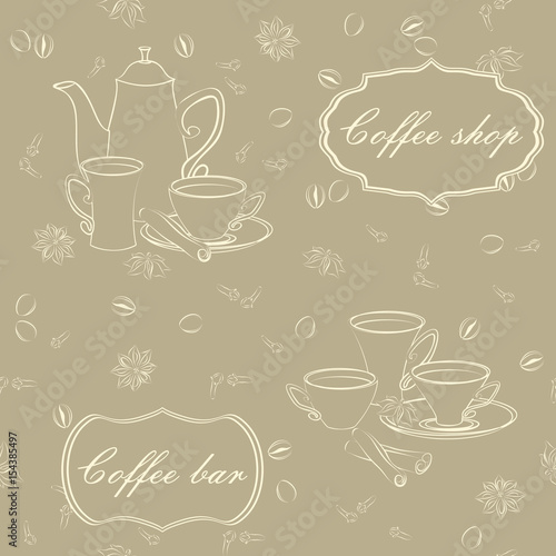 Seamless pattern with coffee pot, cups, cinnamon, coffee beans, anise and cloves. © legon