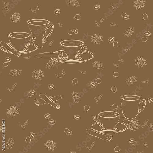 Seamless pattern with cups  cinnamon  coffee beans  anise and 