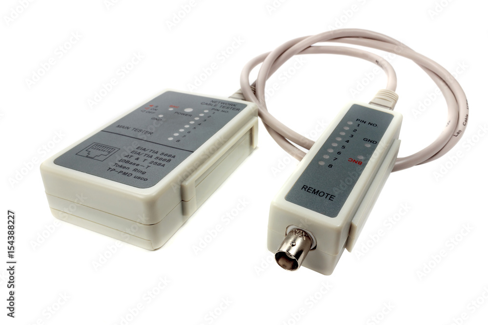 Network cable tester and remote probe with UTP cable on a white background Network cable tester and remote probe with UTP cable on a white background