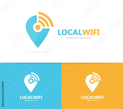 Vector of map pointer and wifi logo combination. GPS locator and signal symbol or icon. Unique pin and radio, internet logotype design template.