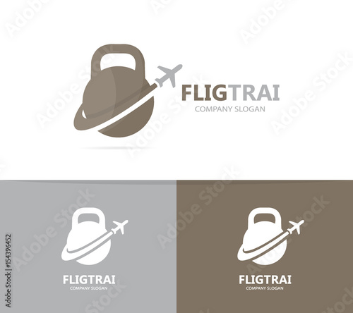 Vector of sport and airplane logo combination. Gym and travel symbol or icon. Unique flight fitness and workout logotype design template.
