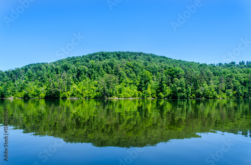 Reflections of lush green hills in blue lake river water. Natures beauty on display in this outdoor park setting.