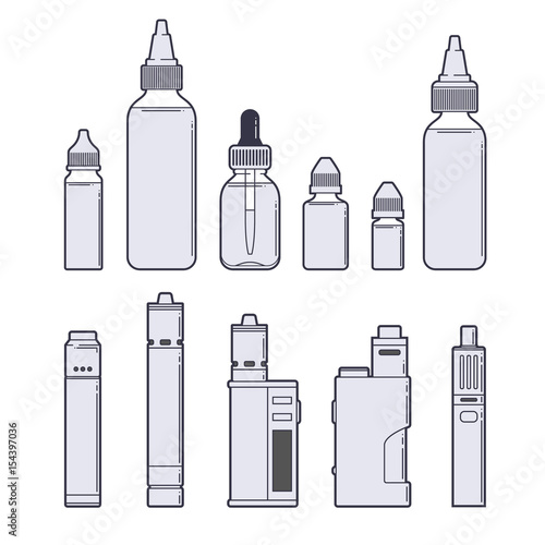 Vaping vector set. Juices and devices outline on white background.