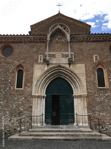Facade of the Chiesa di Santa Maria Maggiore in Tivoli, Italy, small 12th Century Catholic church in the Piazza Trento, no people. © Heather Shimmin