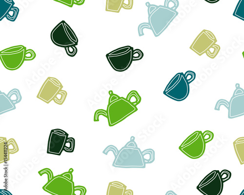 Seamless pattern. Vector illustration of cups and teapots. Hand drawn, doodle, beautiful mugs isolated on white background.