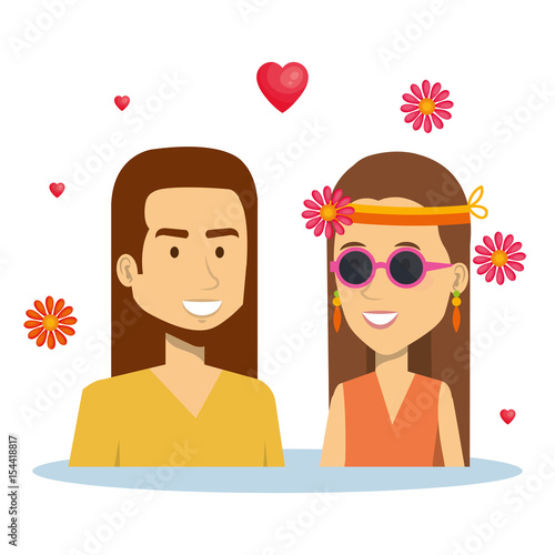 Brunette, hippie couple with hearts and flowers over white background. Vector illustration.