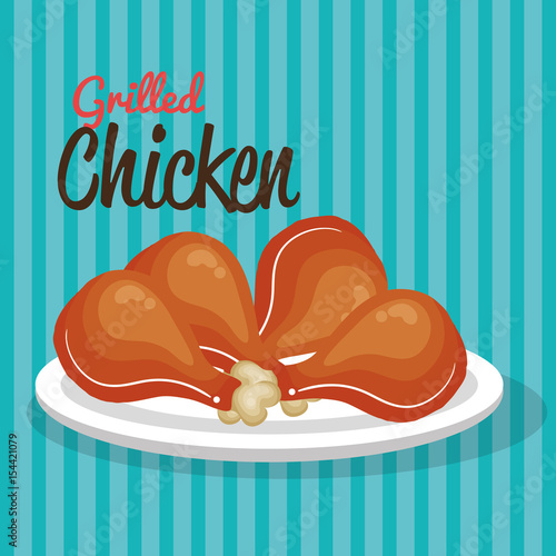 Chicken thighs on a plate over teal striped background. Vector illustration.