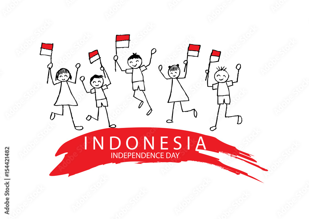 Hand drawing boy and girl holding flag. Independence day of Indonesia. Hand drawing boy and girl holding flag. Independence day of Indonesia.