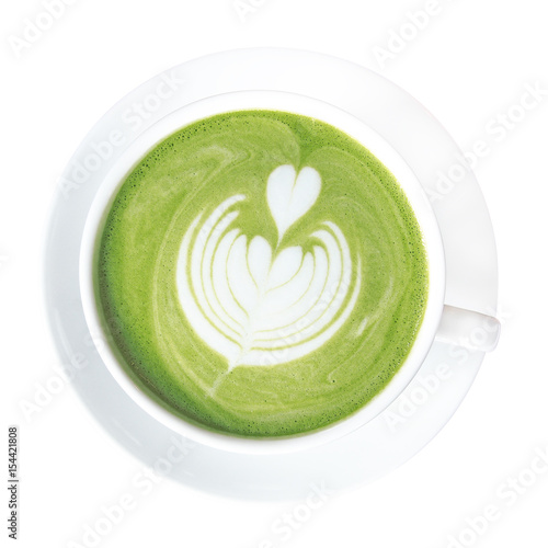 Hot green tea matcha latte cup with beautiful milk foam latte art on top isolated on white background, clipping path included.