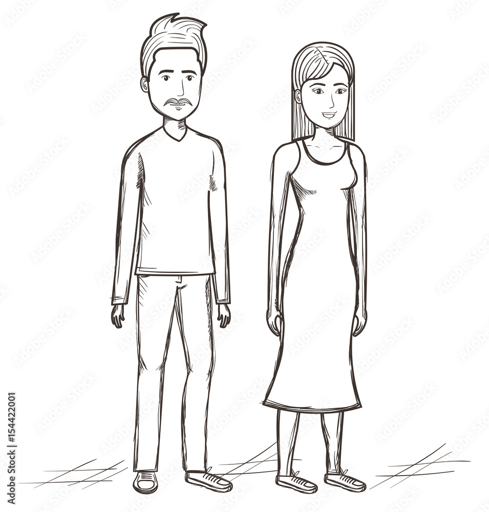 Fototapeta premium Hand drawn uncolored standing people over white background. Vector illustration.