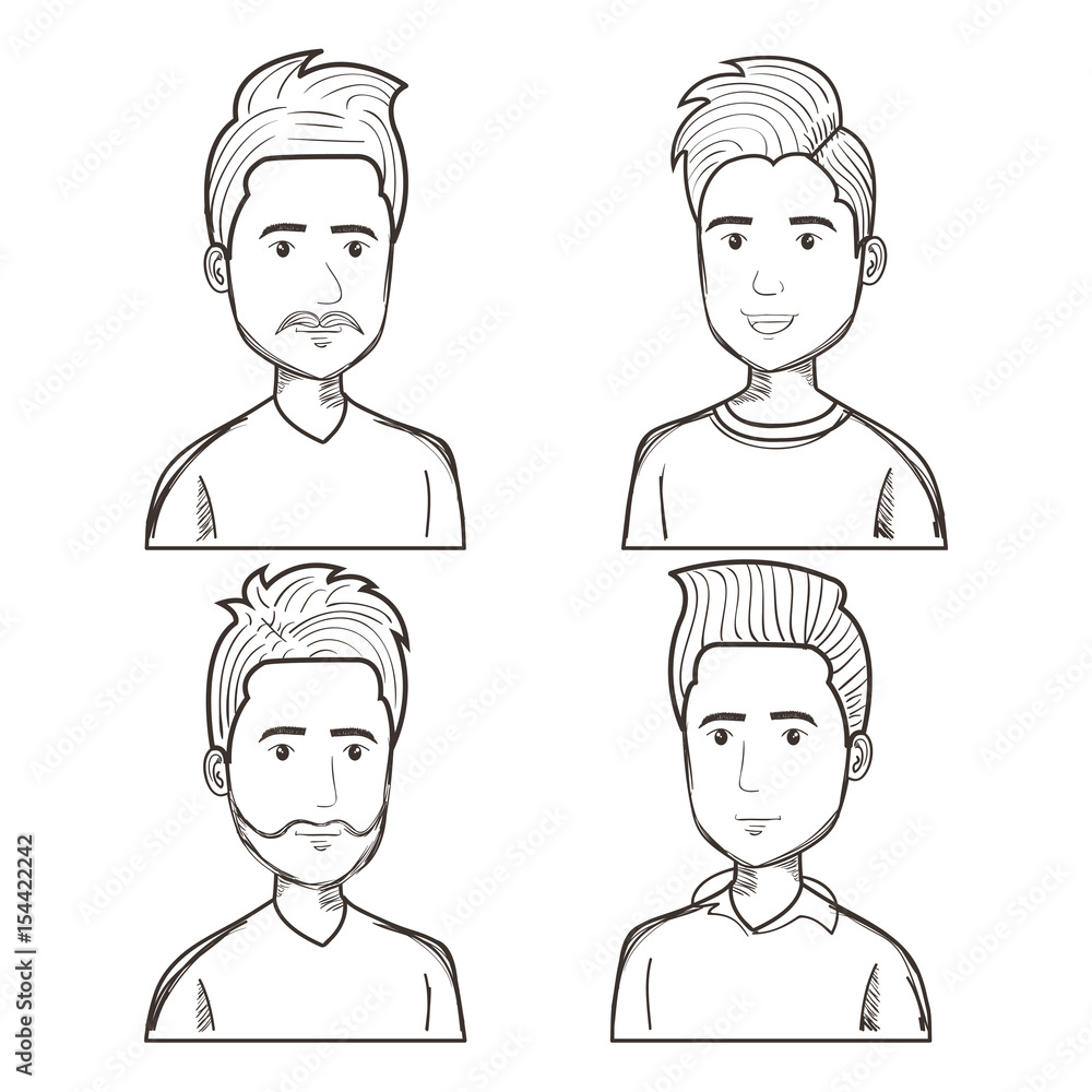 Hand drawn uncolored men with different hairstyles set over white background. Vector illustration. Hand drawn uncolored men with different hairstyles set over white background. Vector illustration.